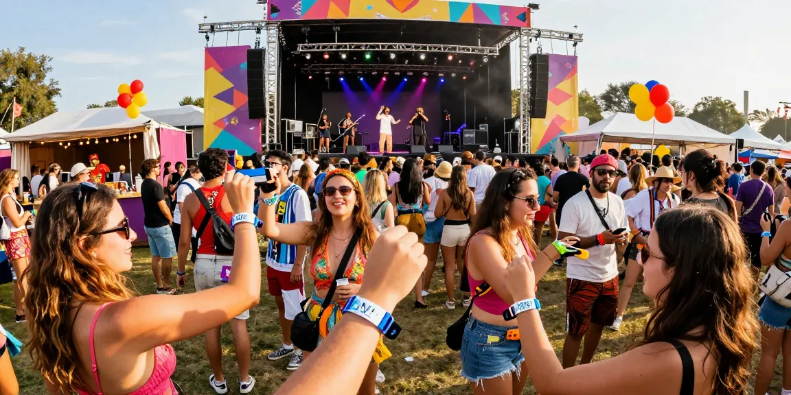 Festival-goers using pulsera monedero festival wristbands for cashless payments at a vibrant outdoor concert.