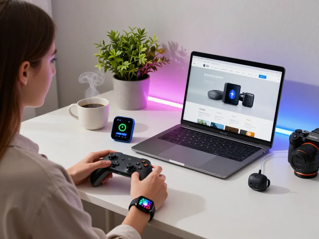 Engaging workspace with innovative tech gadgets including a gaming controller, smartwatch, and kitchen thermometer, showcasing modern technology integration.