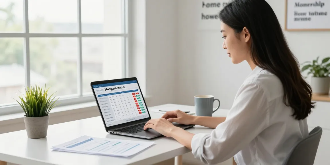Youthful professional using a mortgage calculator in a bright home office, exploring options with a buscador hipotecas.