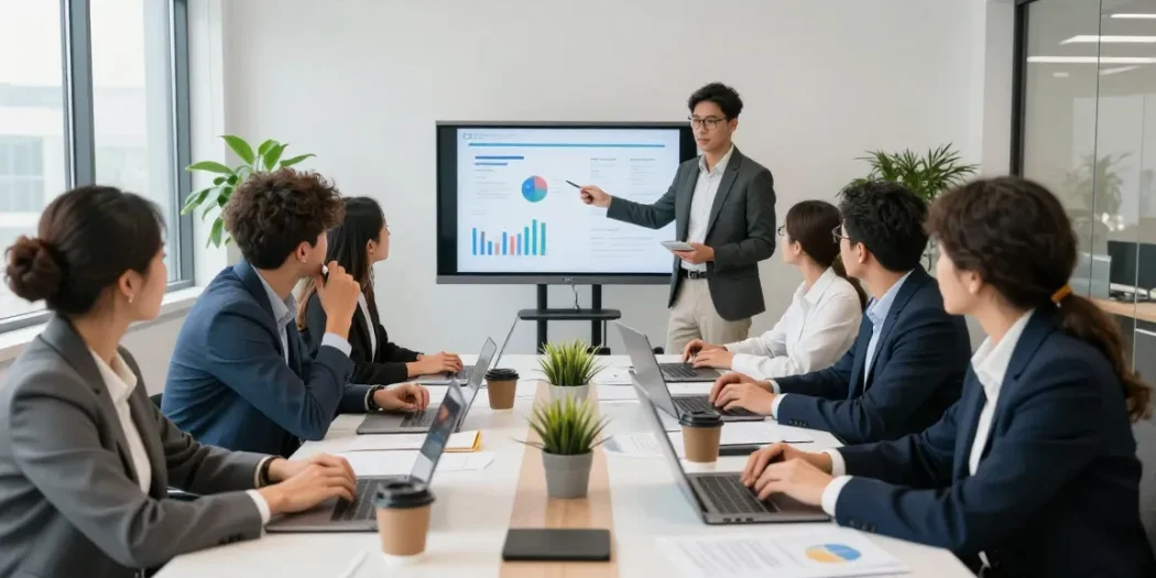 Estrategias de servicios SEO locales implementadas en una reunión de negocios en oficina moderna.