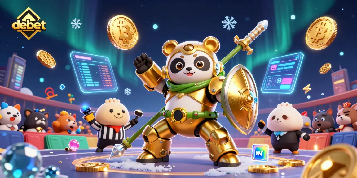 Engage with debet casino action featuring vibrant 3D golden panda battling with crypto elements.