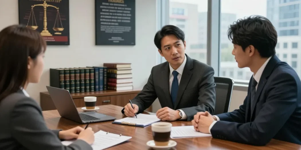 Criminal lawyer in consultation her response with client, showcasing dedication and professionalism.