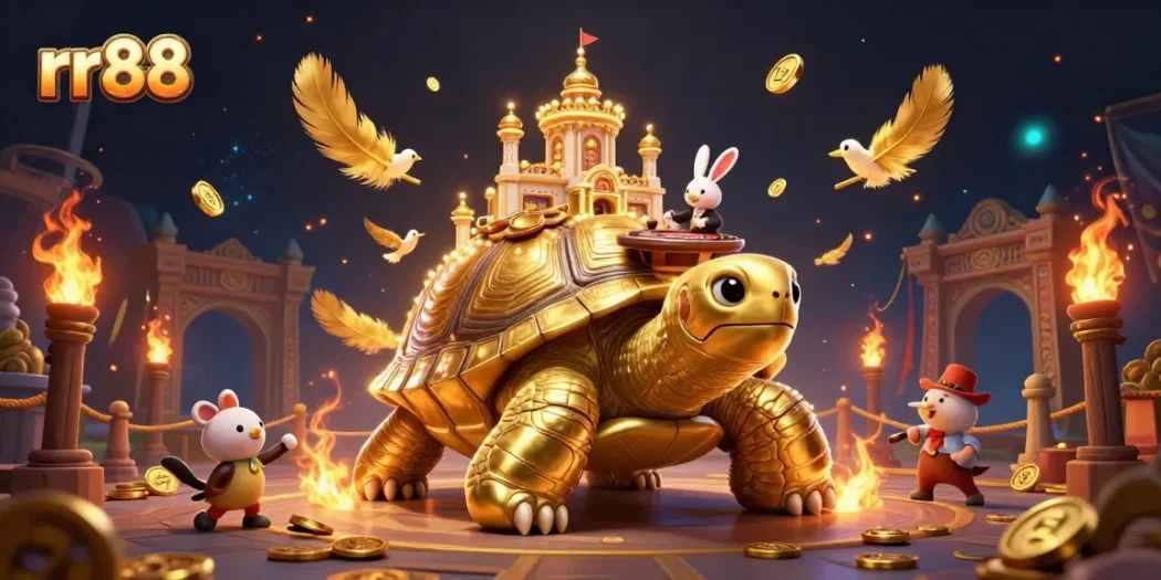 Experience the thrill of gambling with rr88's captivating casino adventure featuring a golden tortoise and rabbit dealer.