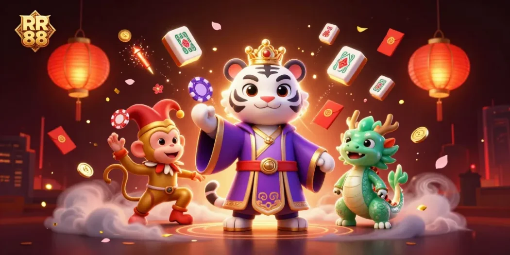Experience thrilling gambling with RR 88, featuring a lively white tiger, monkey with poker chips, and jade dragon.