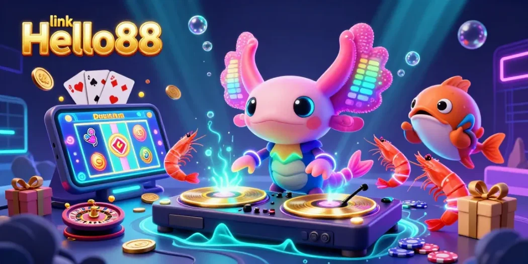 Experience thrilling gameplay with link Hello88 in this vibrant 3D scene featuring a DJ, dancing shrimp, and dynamic casino elements.