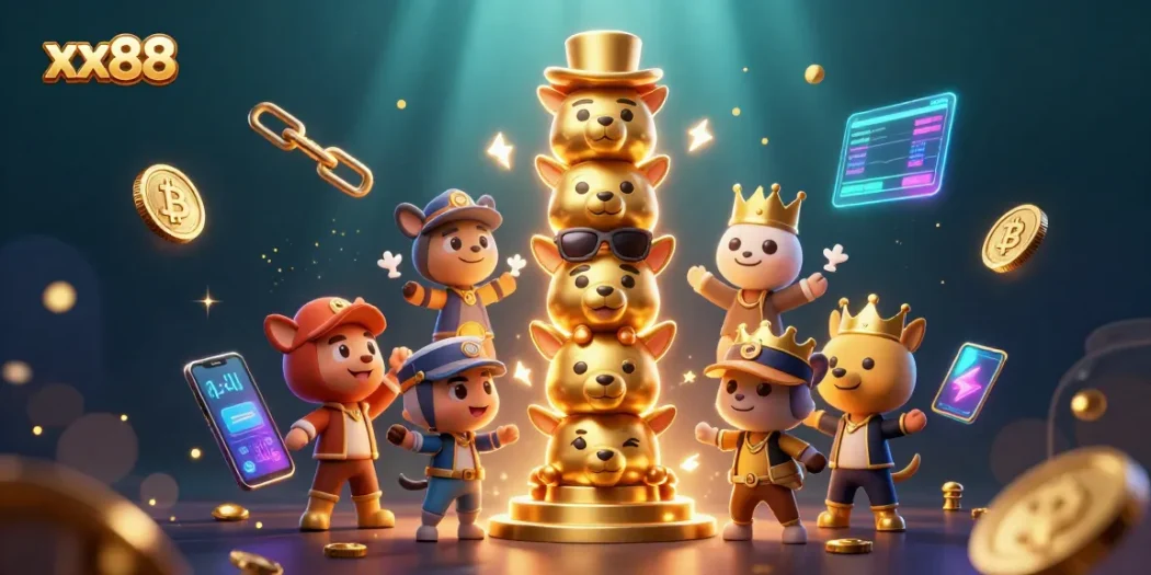 Win big with xx88 in this vibrant, lively casino scene, featuring animated characters and crypto elements.