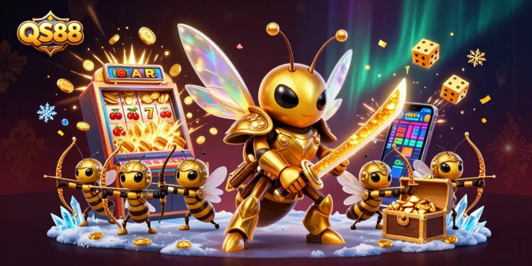 Experience thrilling slots and jackpots with QS88 in this dynamic casino-themed illustration.