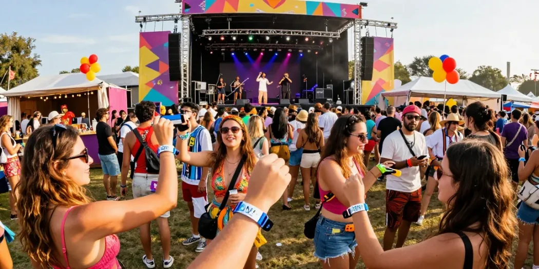Festival-goers using pulsera monedero festival wristbands for cashless payments at a vibrant outdoor concert.